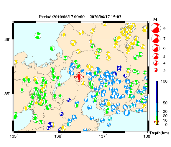 過去に起きた地震の初動発震機構解