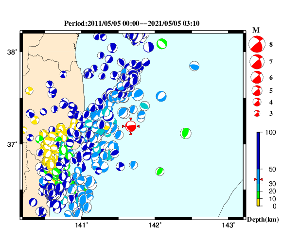 過去に起きた地震の初動発震機構解