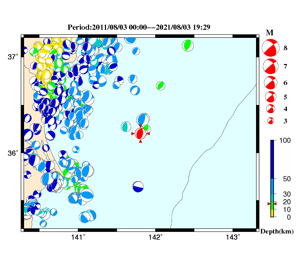 過去に起きた地震の初動発震機構解