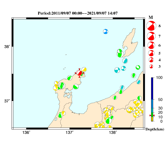 過去に起きた地震の初動発震機構解