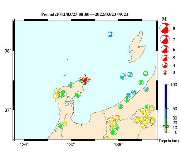 過去に起きた地震の初動発震機構解