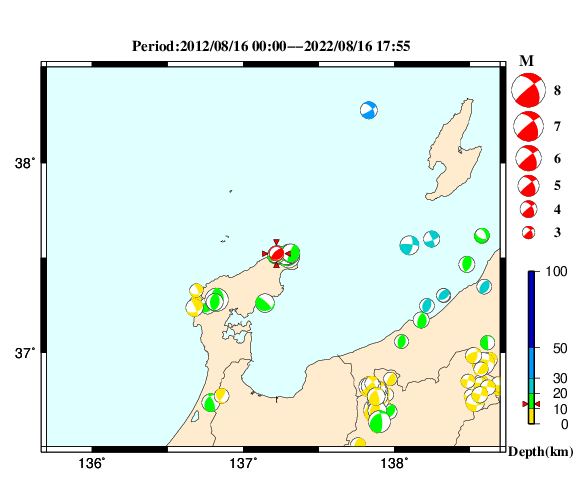 過去に起きた地震の初動発震機構解
