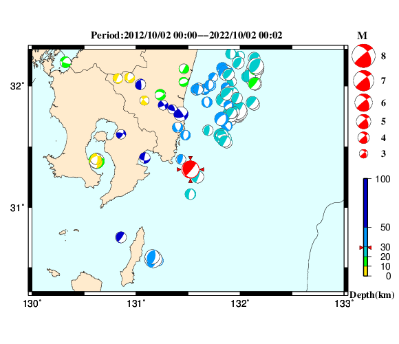 過去に起きた地震の初動発震機構解