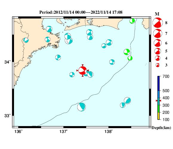 過去に起きた地震の初動発震機構解