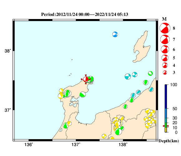 過去に起きた地震の初動発震機構解