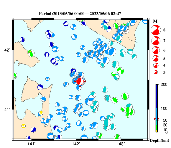過去に起きた地震の初動発震機構解