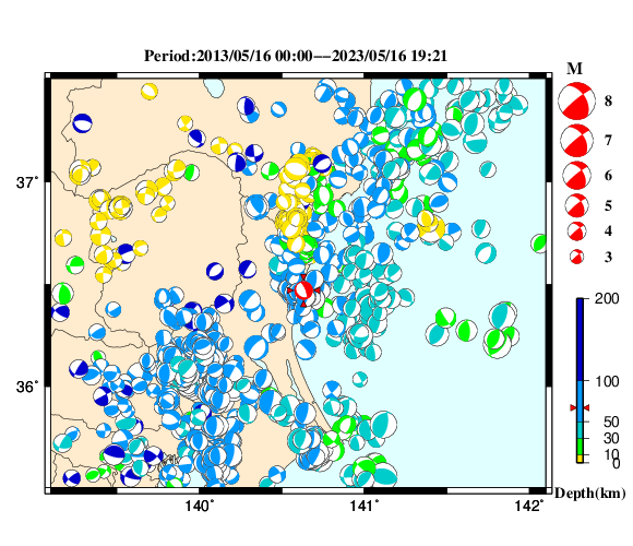 過去に起きた地震の初動発震機構解