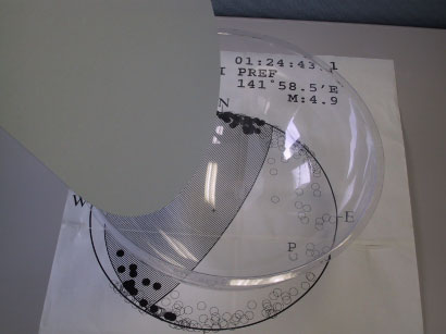 写真5 断層面を表す厚紙を透明球に差し込む 写真5 断層面を表す厚紙を透明球に差し込む