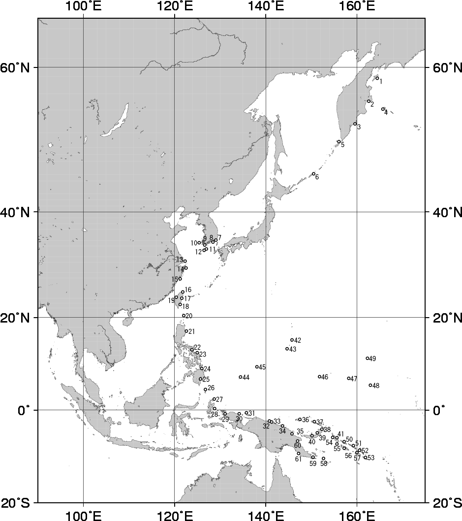 Area of responsibility of the Northwest Pacific Tsunami Advisory Center and the forecast points