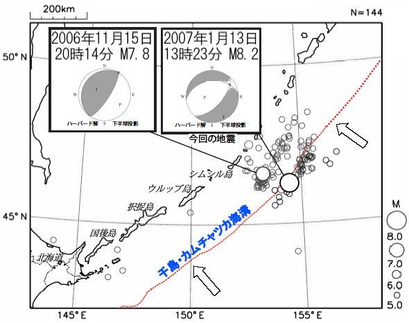 今回の地震の震央付近の震央分布図（2006年９月１日～2007年１月31日、深さ100km以浅、Ｍ5.0以上）