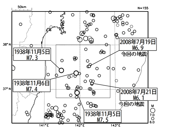 福島県沖の震央分布図(1923年8月1日~2008年7月31日、M6.0以上、深さ150km以浅)
