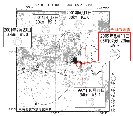駿河湾周辺の震央分布図(1997年10月1日~2009年8月31日、深さ0~90km、M1.0以上)
