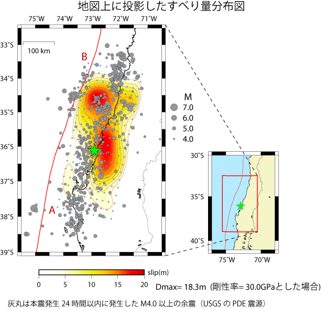 地図上に投影したすべり量分布図