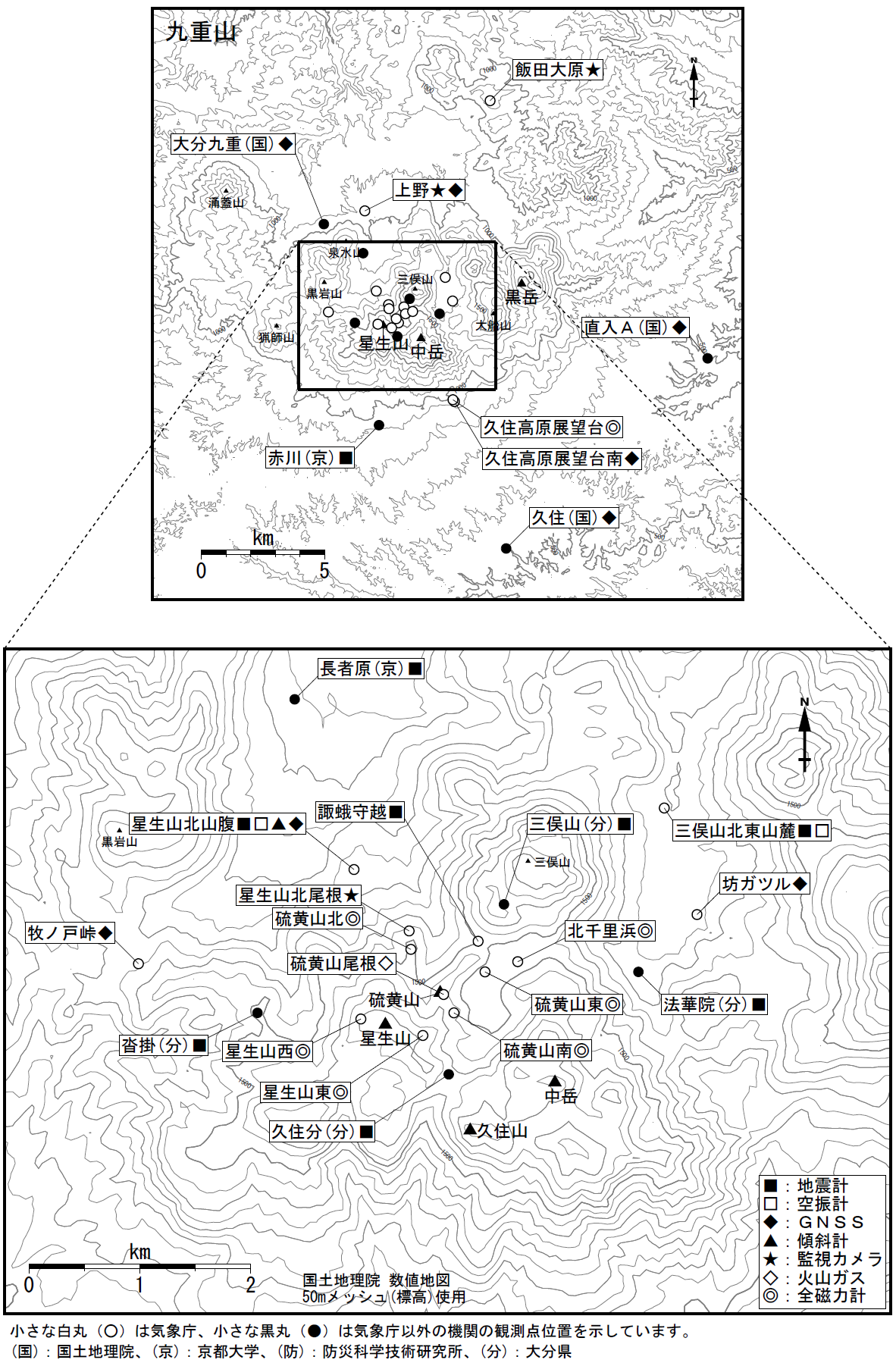 九重山 観測点配置図