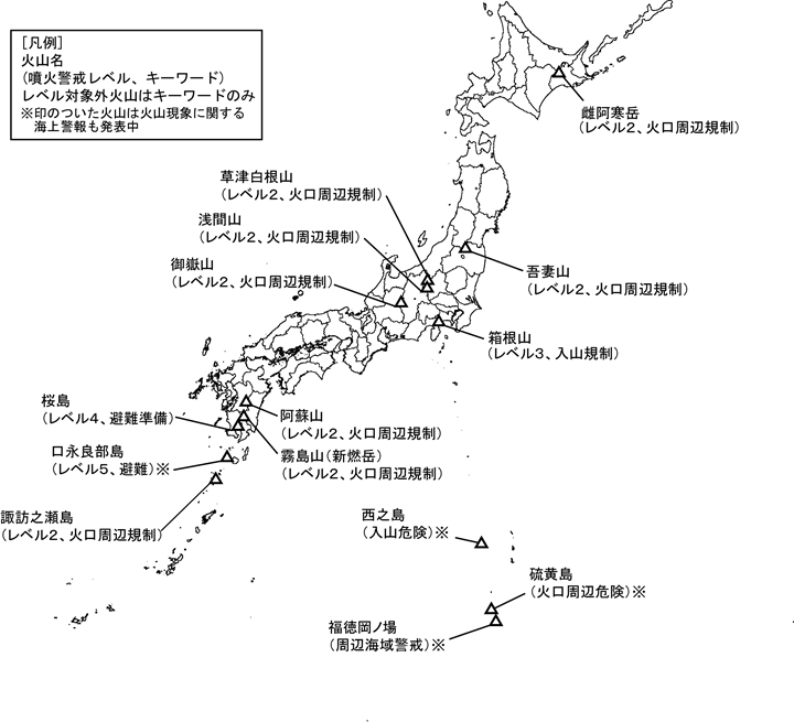 図１　噴火警報発表中の火山