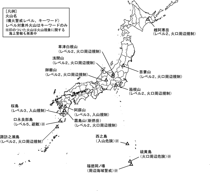 図１　噴火警報発表中の火山