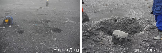 阿蘇山　７日に実施した現地調査で確認した噴石とクレーター