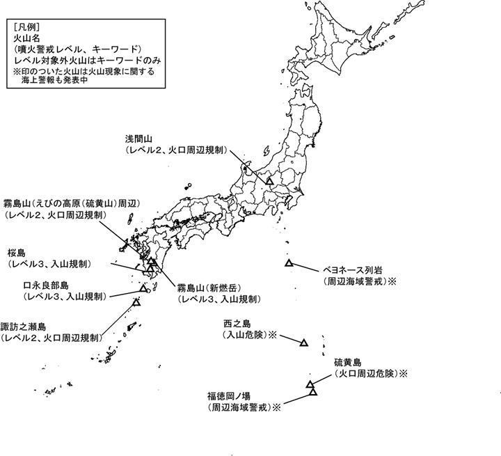 図１　噴火警報発表中の火山