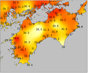 第４図：８月の最高気温分布図（平年値）