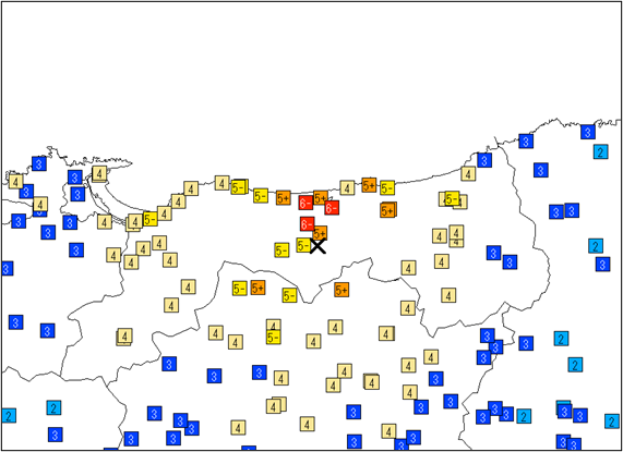 観測点別の震度分布図（鳥取県周辺）