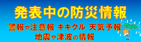 発表中の防災情報（警報や注意報、キキクル、天気予報、地震や津波の情報）