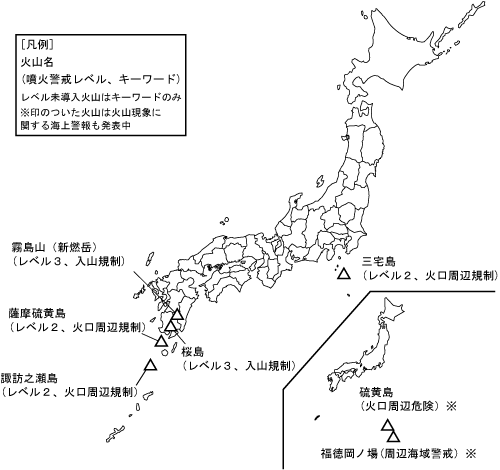 図１ 　噴火警報発表中の火山