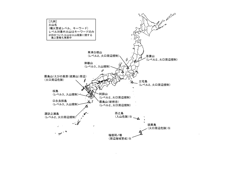 図１ 　噴火警報発表中の火山