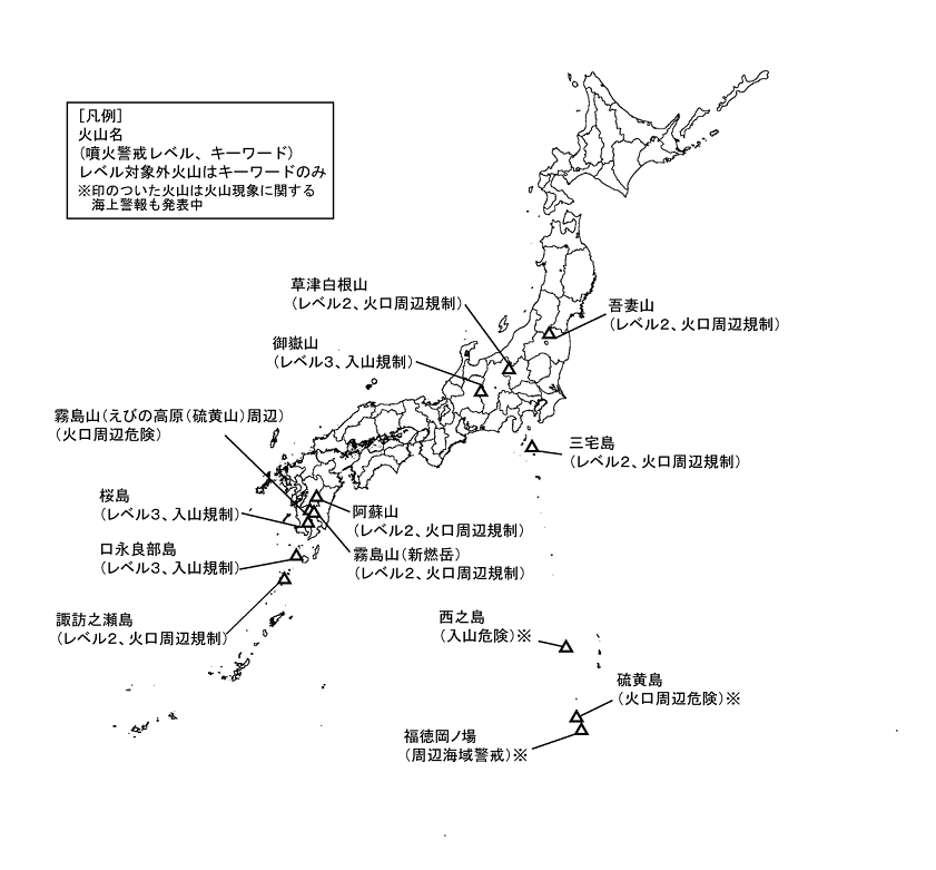 図１ 　噴火警報発表中の火山
