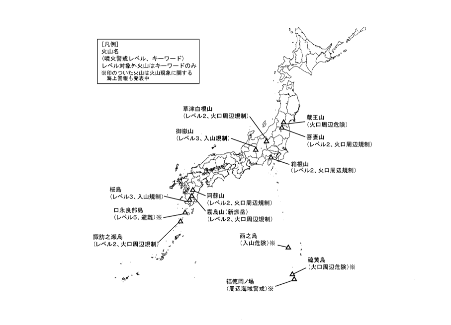図１ 　噴火警報発表中の火山