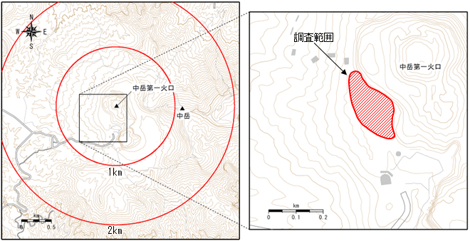 阿蘇山 7日に現地調査を実施した範囲