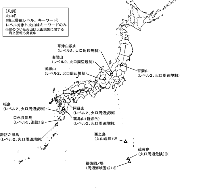 図１　噴火警報発表中の火山