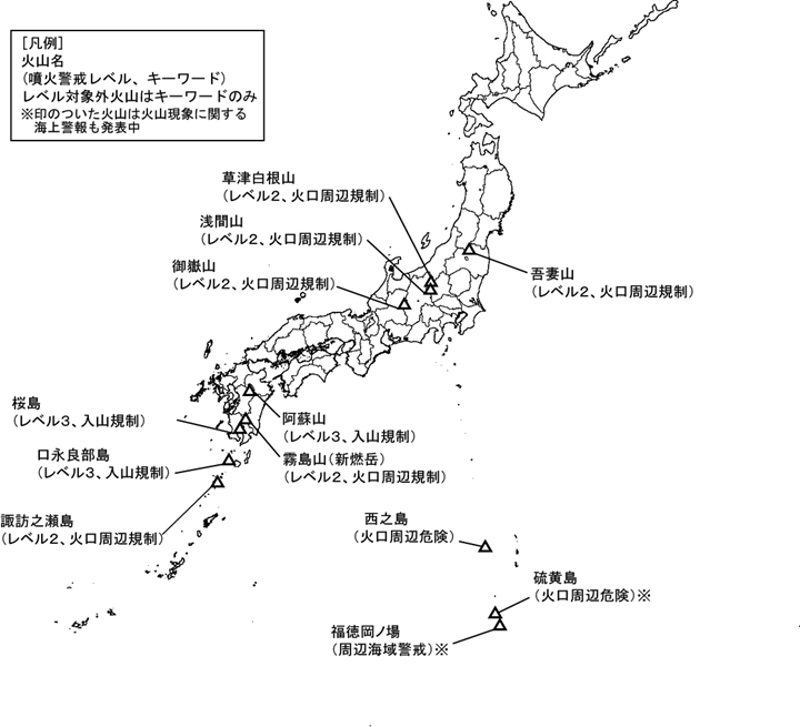 図１　噴火警報発表中の火山