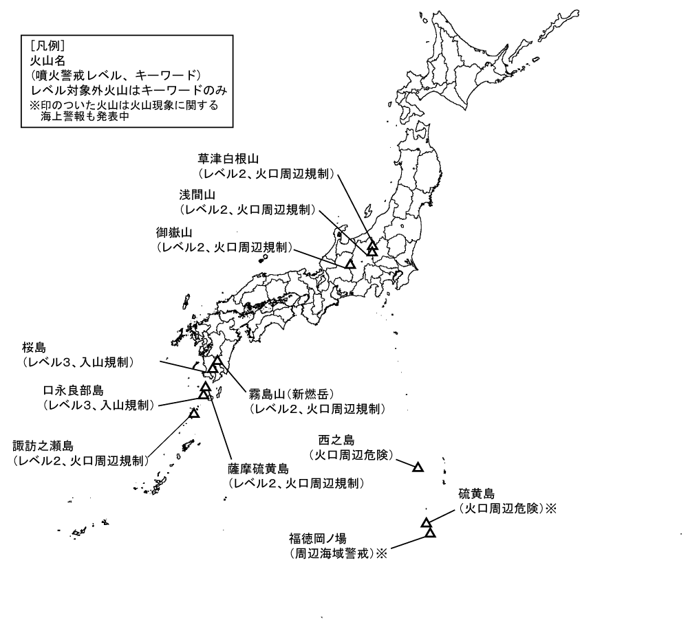 図１　噴火警報発表中の火山