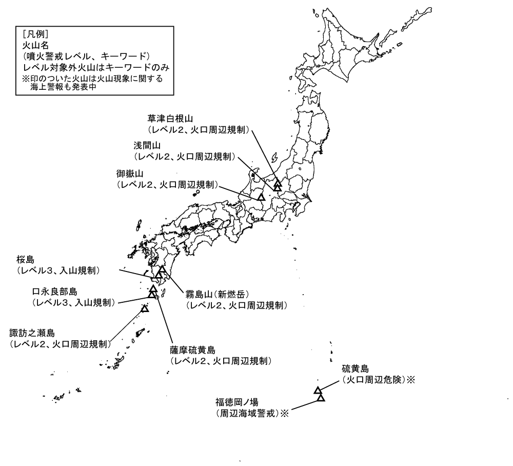 図１　噴火警報発表中の火山