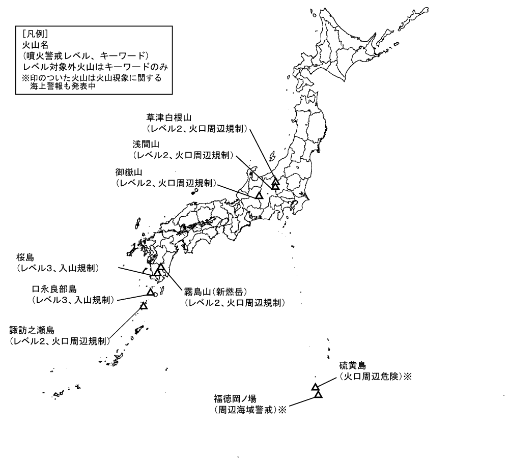 図１　噴火警報発表中の火山