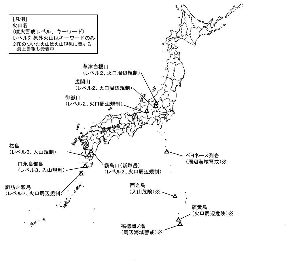図１　噴火警報発表中の火山