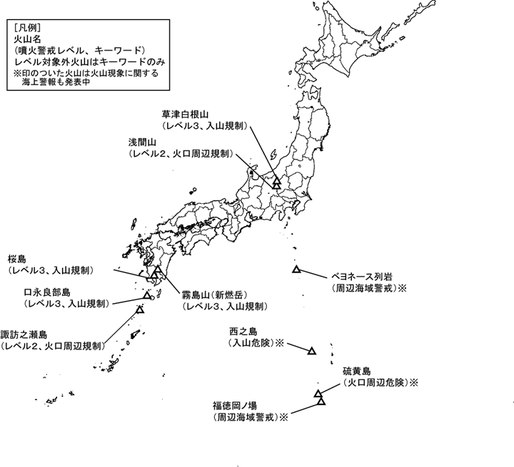 図１　噴火警報発表中の火山