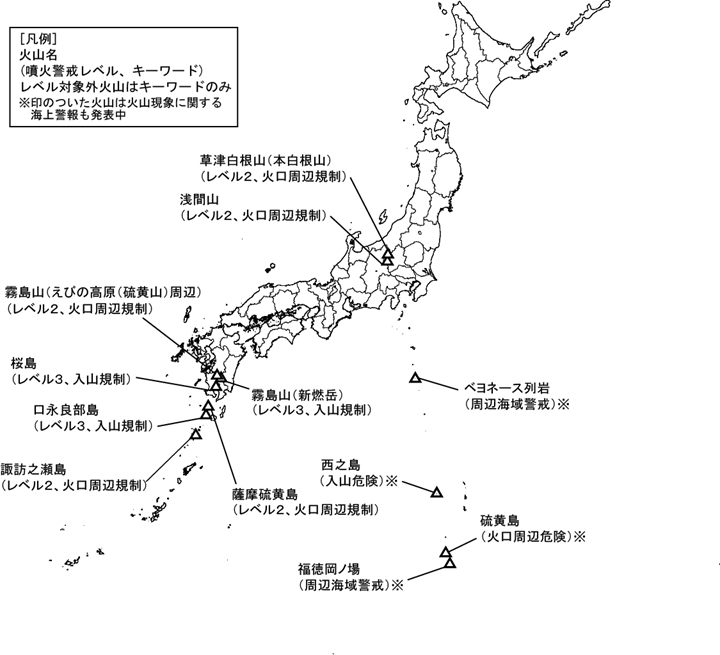 図１　噴火警報発表中の火山