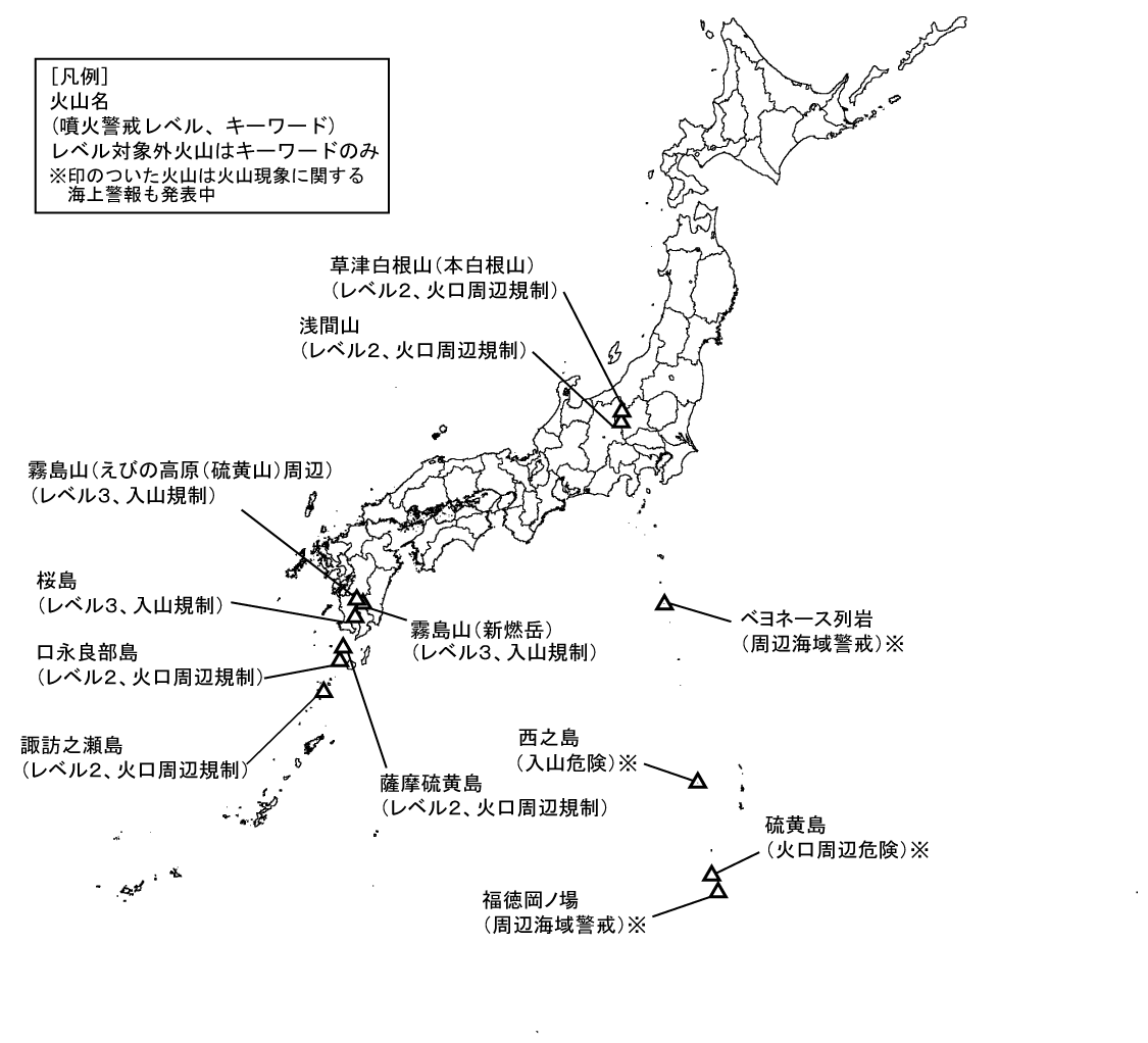 図１　噴火警報発表中の火山