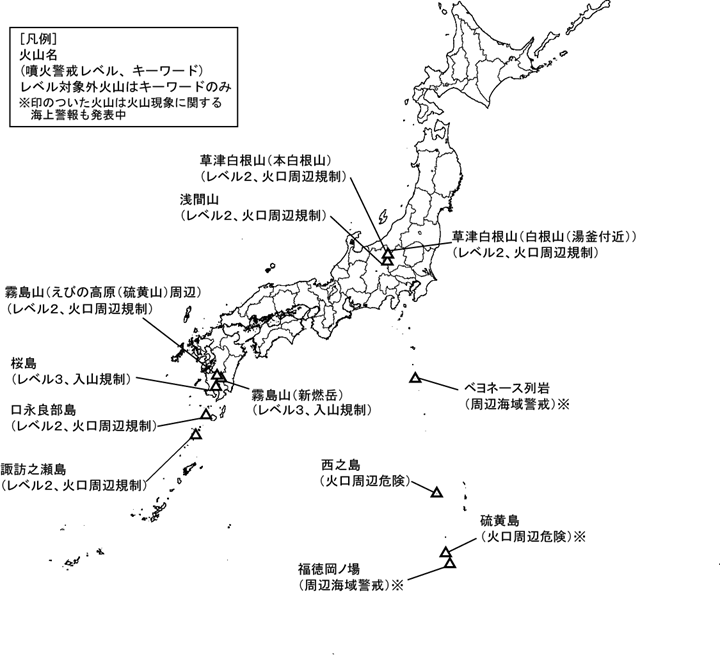 図１　噴火警報発表中の火山