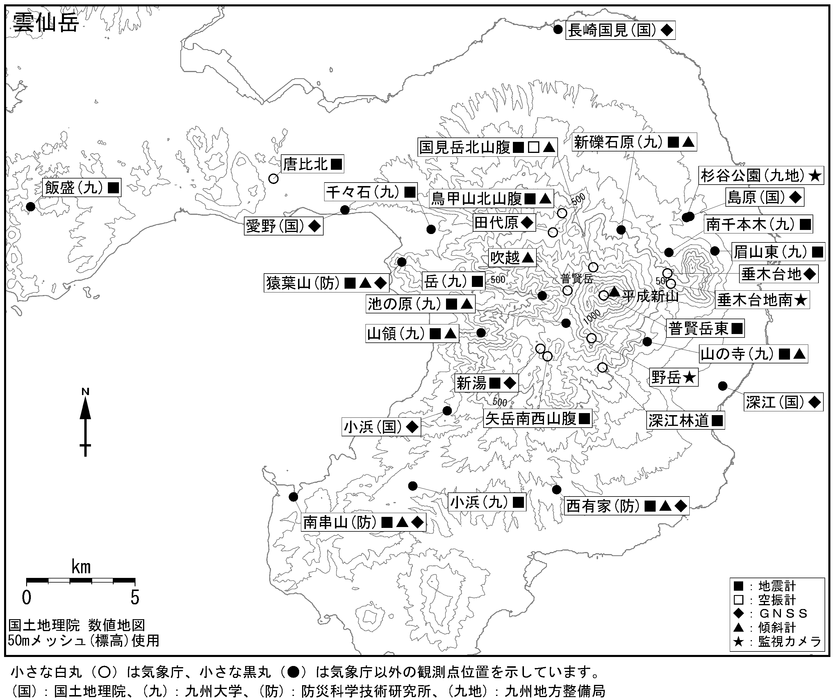 雲仙岳　観測点配置図