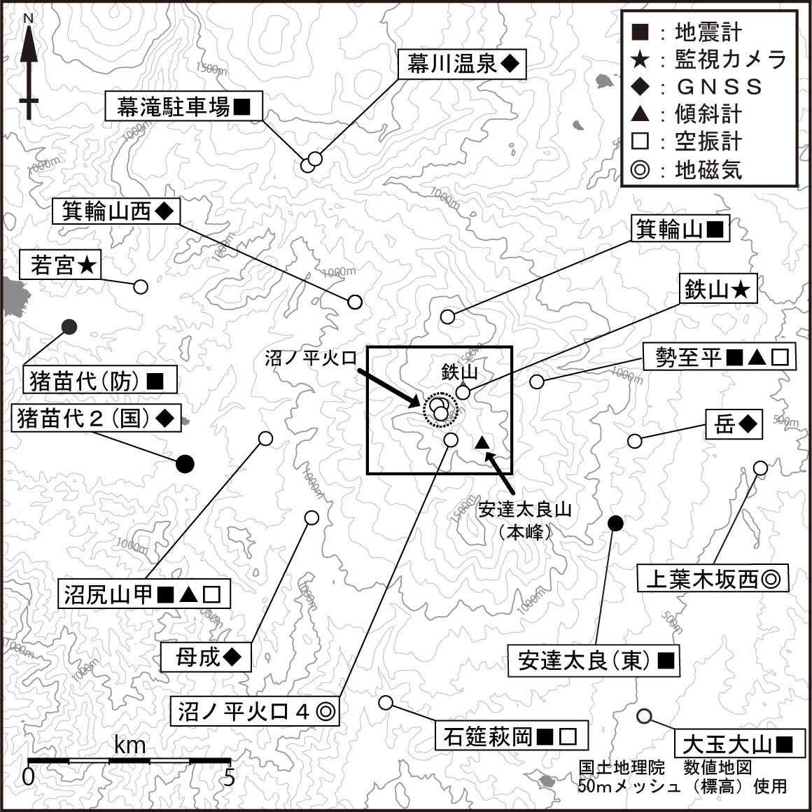 安達太良山観測点配置図