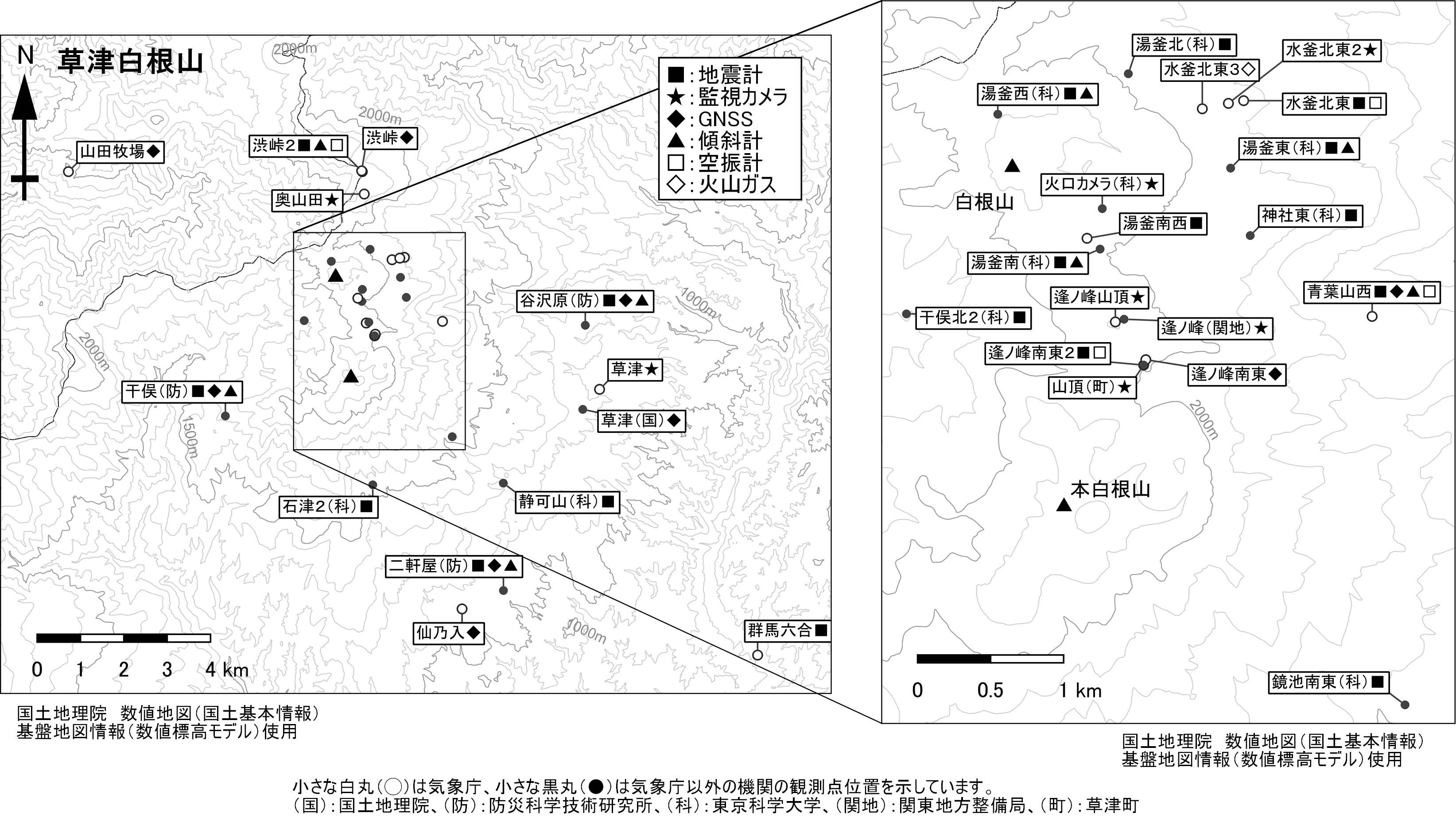 草津白根山　観測点配置図