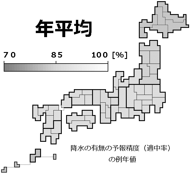 降水の有無の予報精度（適中率）の例年値の分布地図（年平均）