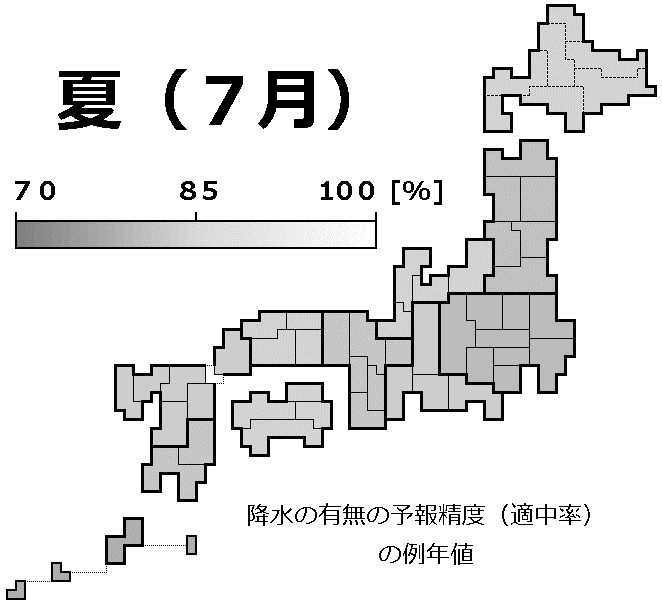 降水の有無の予報精度（適中率）の例年値の分布地図（７月）