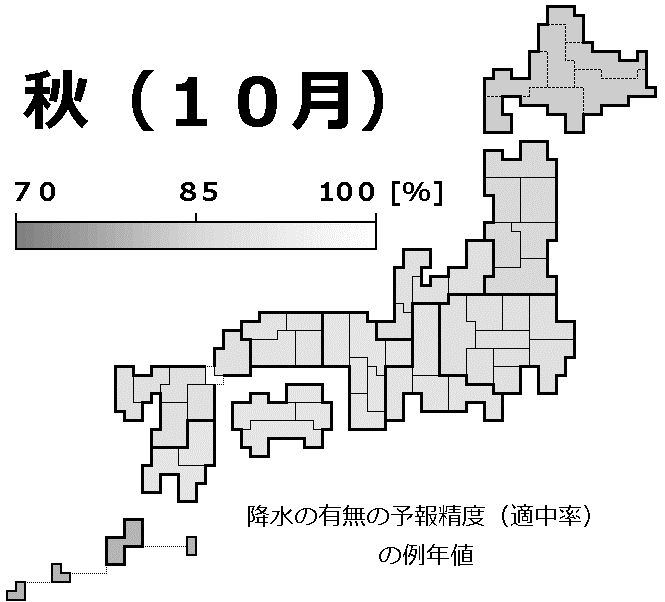 降水の有無の予報精度（適中率）の例年値の分布地図（１０月）