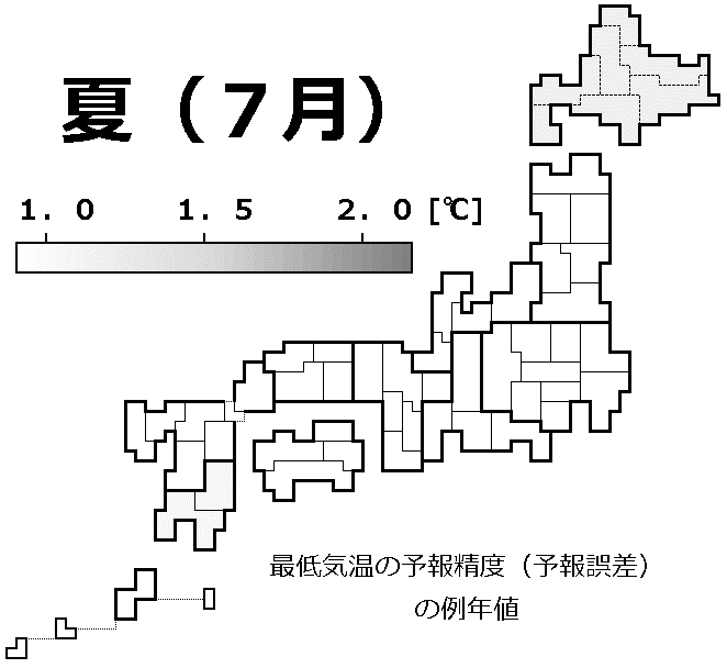 最低気温の予報精度（予報誤差）の例年値の分布地図（７月）