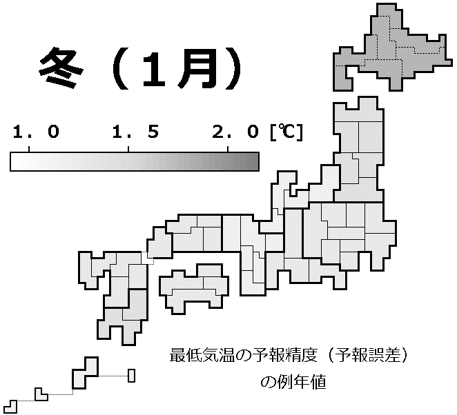 最低気温の予報精度（予報誤差）の例年値の分布地図（１月）